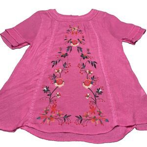 Umgee Embroidered Crochet Floral Blouse Short Sleeve Boat Neck Top Womens S Pink